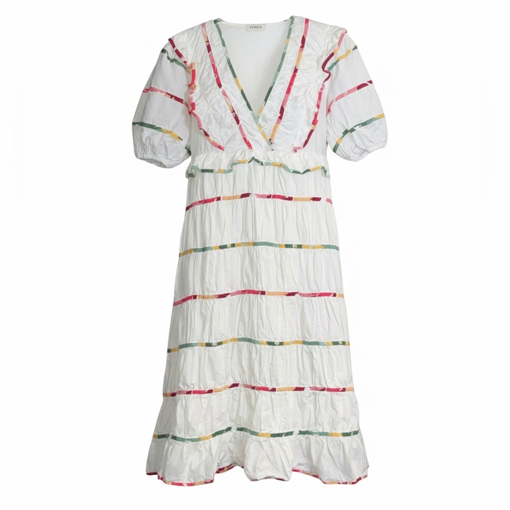 Storia Mixed Print White Midi Dress Ruffled V-Neck Spring Large - Picture 3 of 7